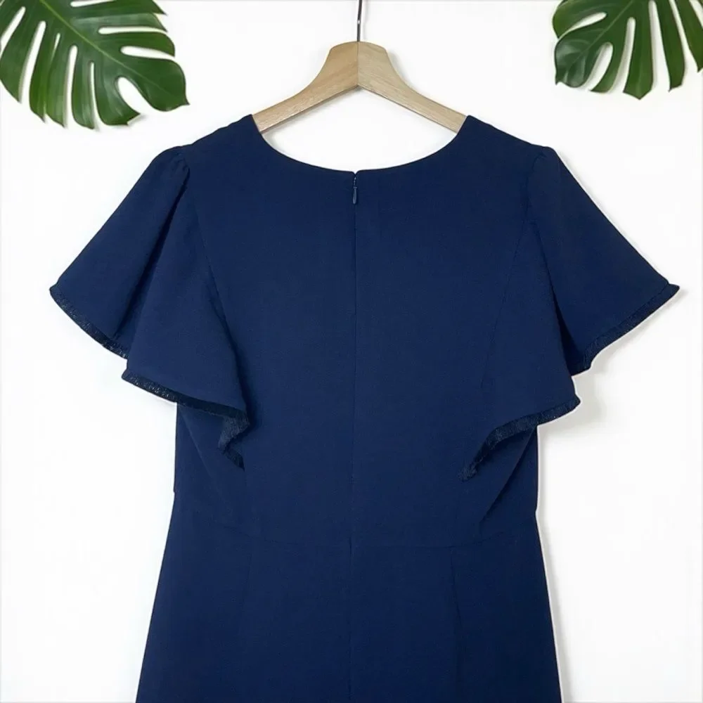 LOFT Fringe Trimmed Flutter Sleeve Dress in Navy - Picture 9 of 11